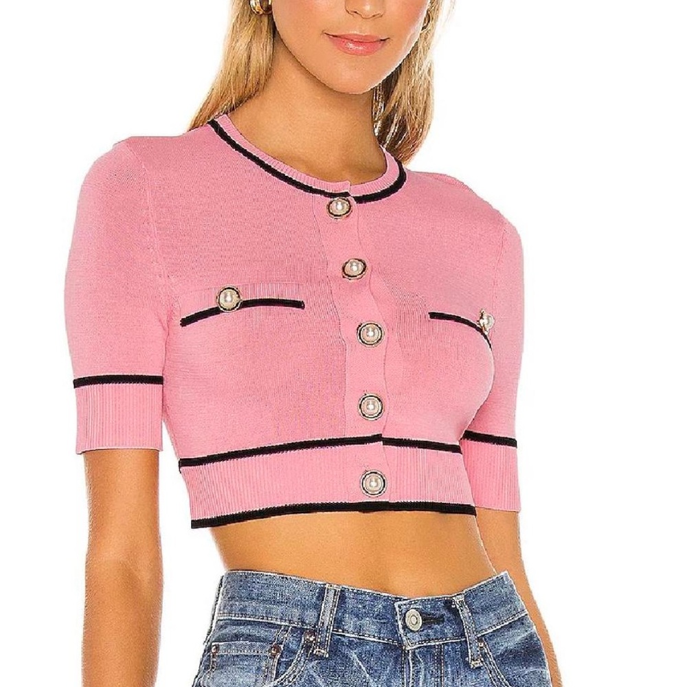 REVOLVE Pink Cropped Button-Up Top, XS — Runway-Inspired, Feminine Chic